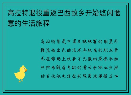 高拉特退役重返巴西故乡开始悠闲惬意的生活旅程 高拉特退役重返巴西故乡开始悠闲惬意的生活旅程