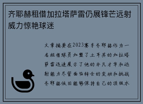 齐耶赫租借加拉塔萨雷仍展锋芒远射威力惊艳球迷 齐耶赫租借加拉塔萨雷仍展锋芒远射威力惊艳球迷