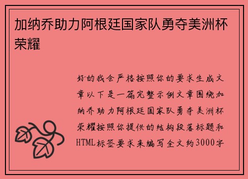 加纳乔助力阿根廷国家队勇夺美洲杯荣耀 加纳乔助力阿根廷国家队勇夺美洲杯荣耀