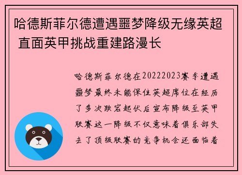 哈德斯菲尔德遭遇噩梦降级无缘英超 直面英甲挑战重建路漫长